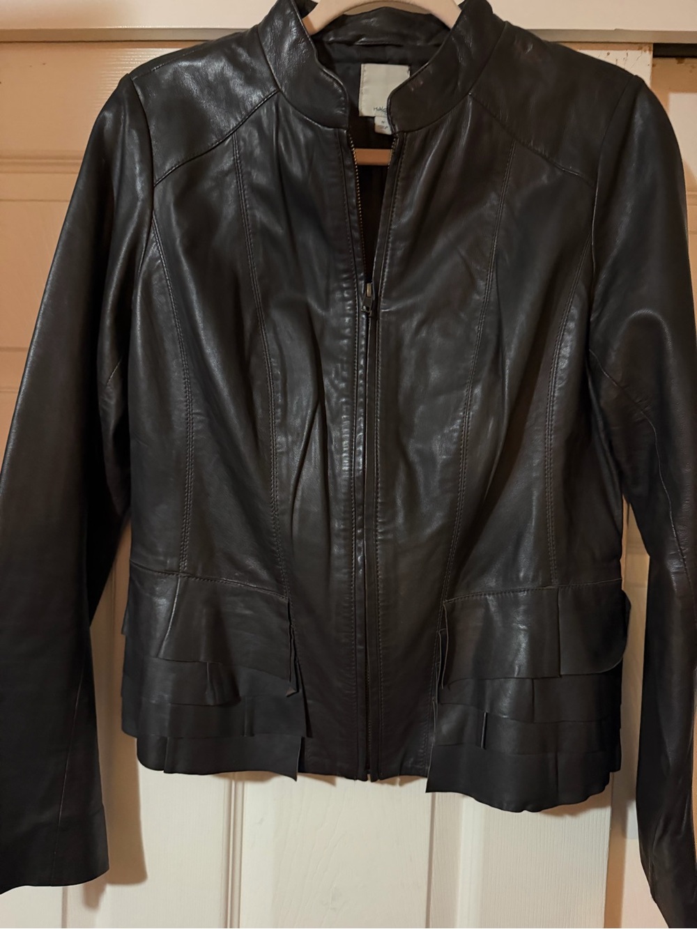 Dark deep purple Halogen Black Leather Zip-Front Jacket with Layered Hem